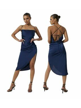 ⭐Aria Cove Navy Satin Midi Dress 4 Backless Cross Strap Ruched High Split Party